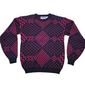 Sweater Graphix M Crewneck Sweater Black Red Geometric Vintage 80s Granny Cozy